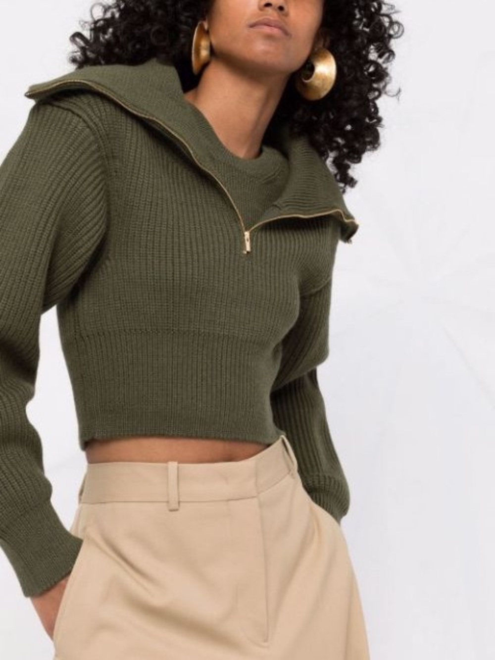 Heavyweight 100% Merino Wool Cropped Half-Zip Sweater - Dark Khaki (S)